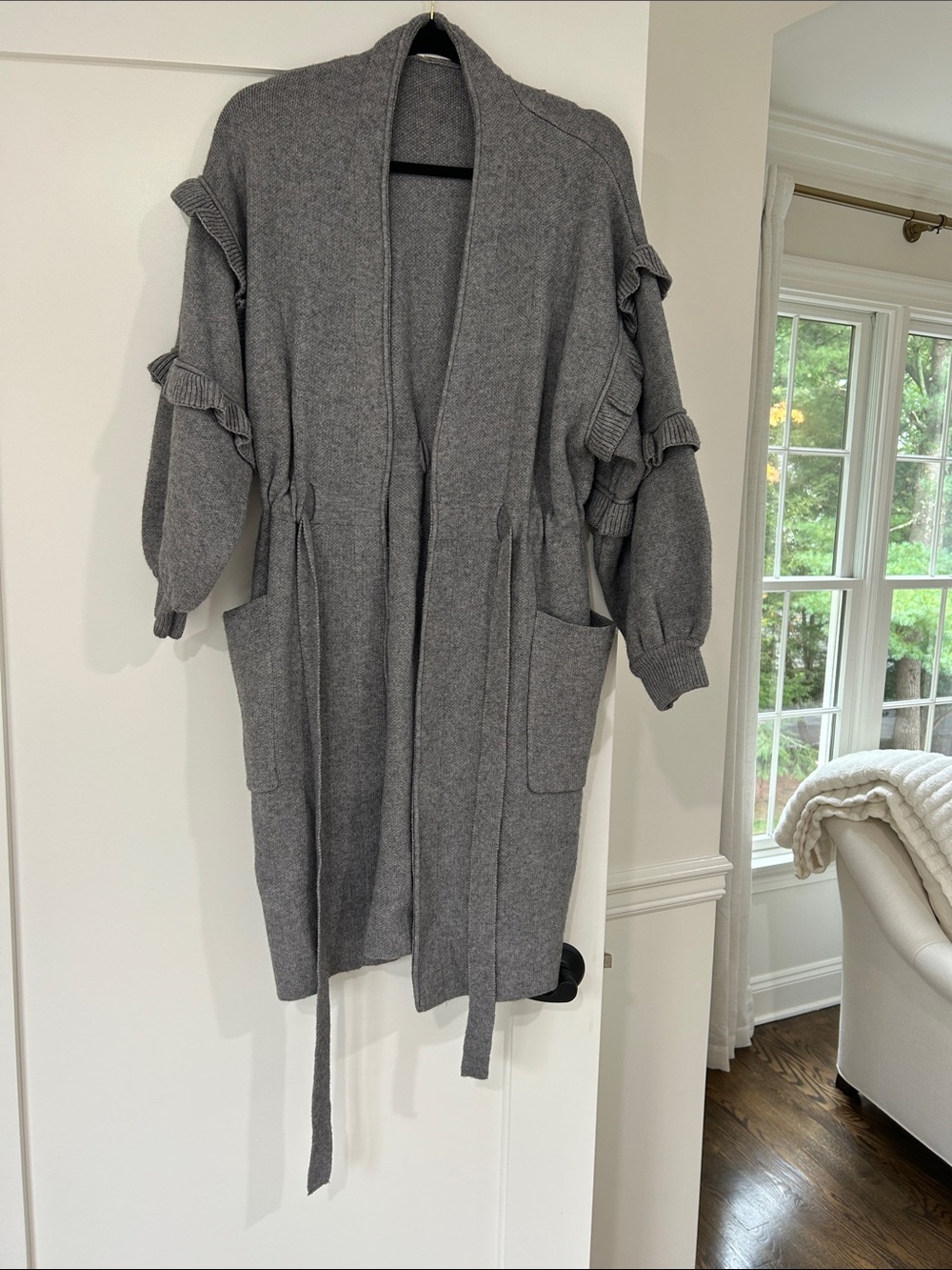 Gray Ruffle-Sleeve Open Front Cardigan with Tie